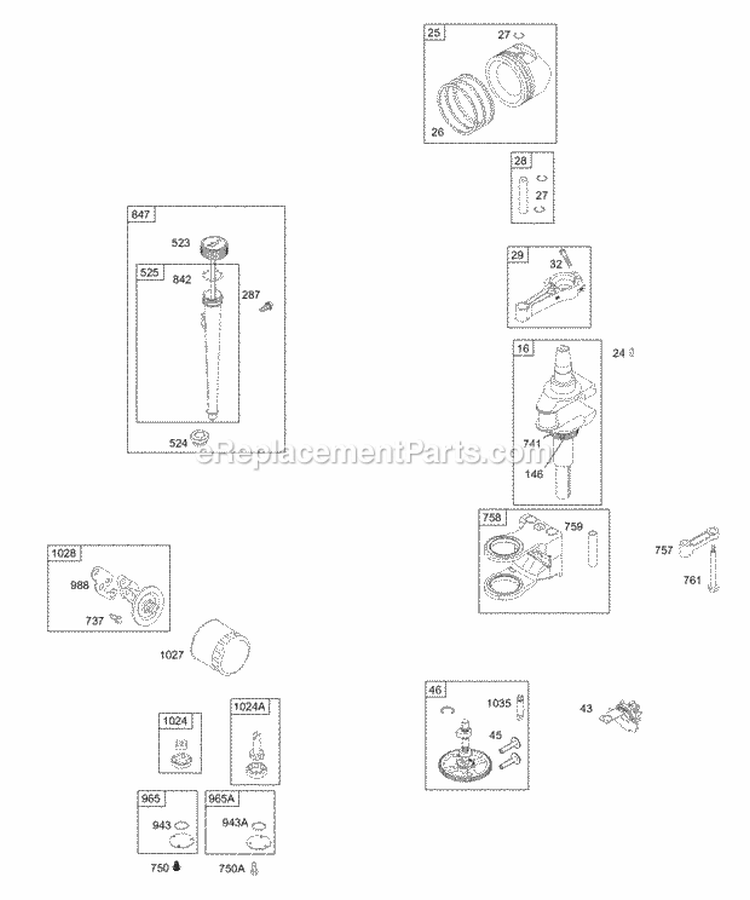 Crankshaft Piston Camshaft Oil Diagram and Parts List for  Briggs and Stratton Engine